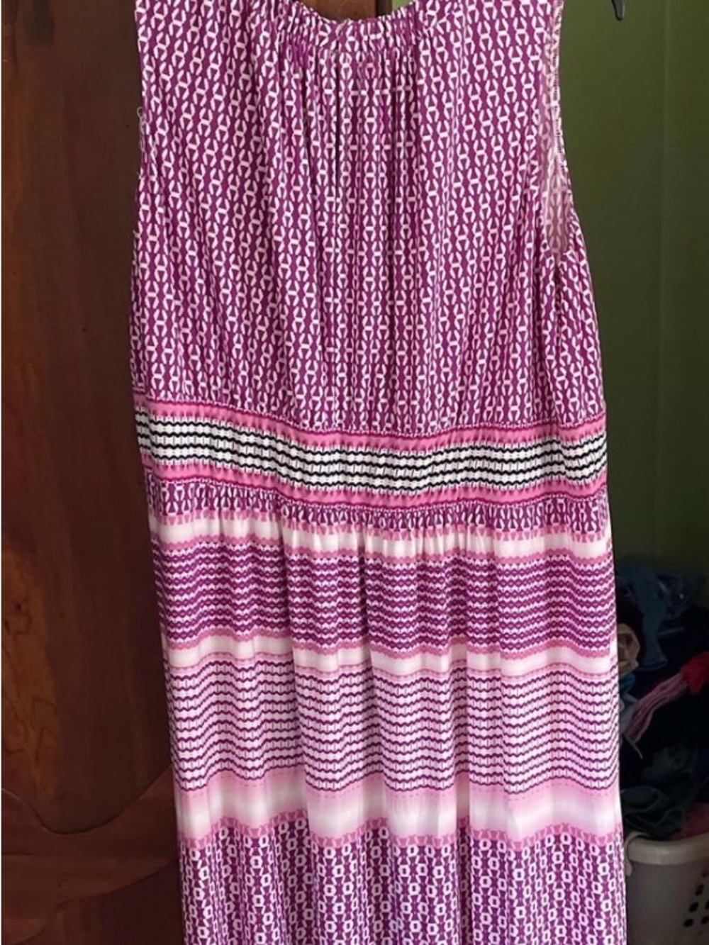 Pink Patterned Maxi Dress with Tiered Stripe Details